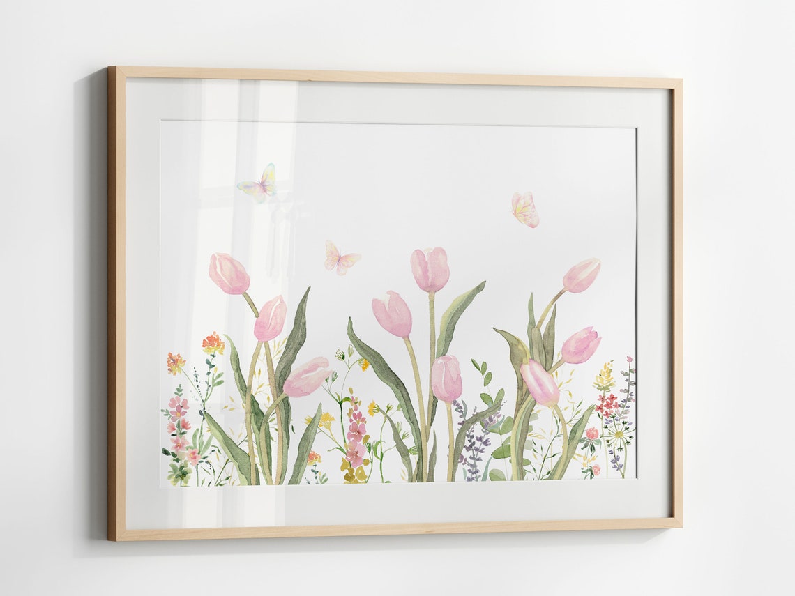 Pink Tulips Watercolor Poster with Butterflies and Spring Wildflowers - Image 3