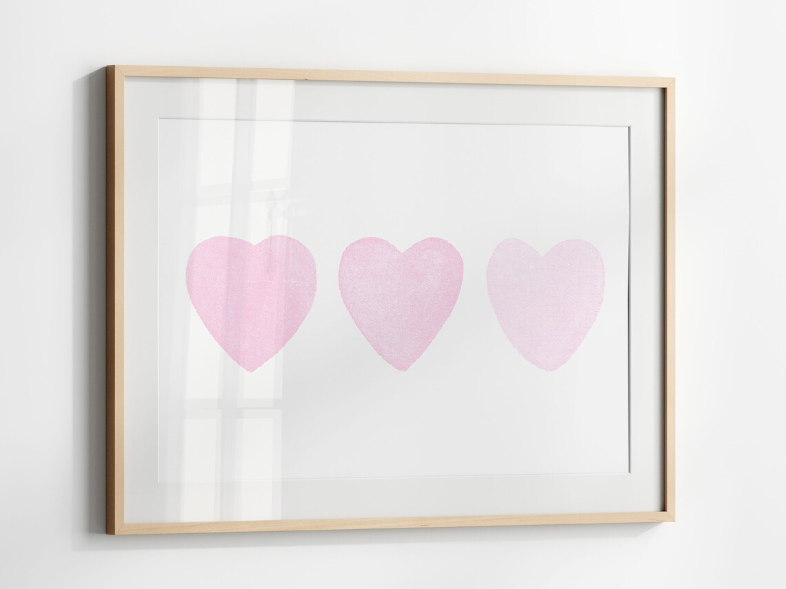 Three Pink Hearts Watercolor Print, Nursery Decor