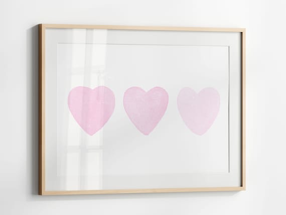 Three Pink Hearts Watercolor Print, Nursery Decor