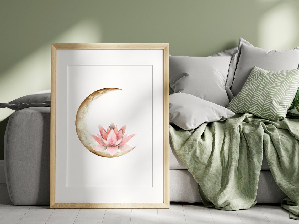 Crescent Moon Lotus Poster Pink Watercolor Zen Meditation Floral Art - Image 3