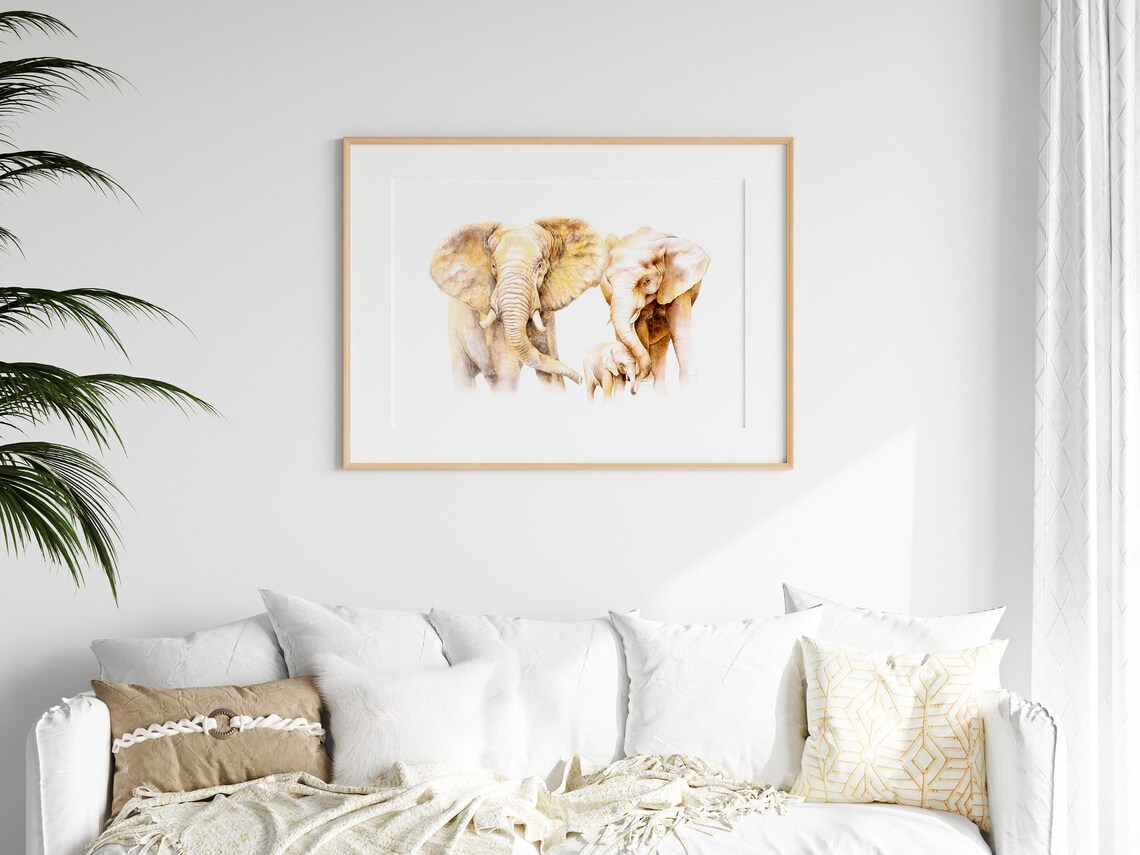 Elephant Family Poster Watercolor Two Adults and Calf in Soft Gold Tones - Image 3