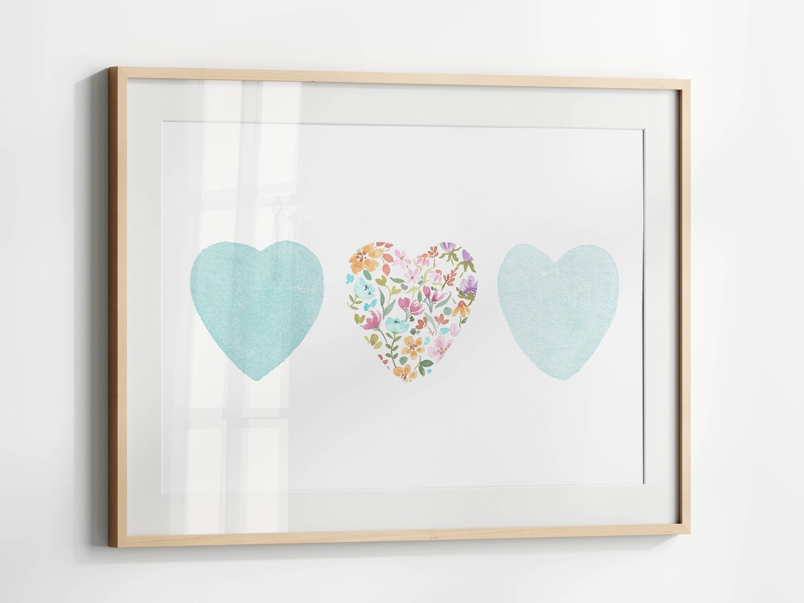 Blue Hearts Poster Watercolor Floral Mosaic Heart Trio Nursery Decor - Image 3