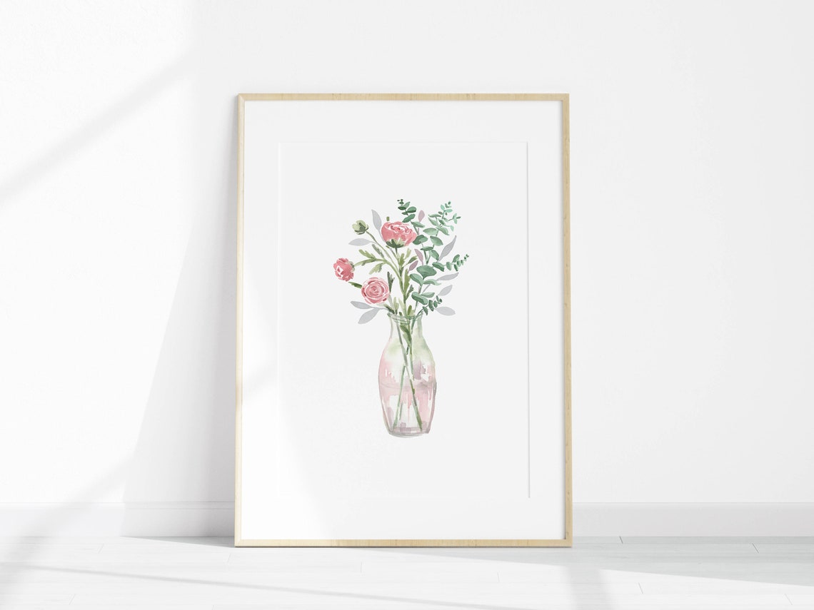 Pink Roses in Blush Vase Eucalyptus Watercolor Floral Poster - Image 2