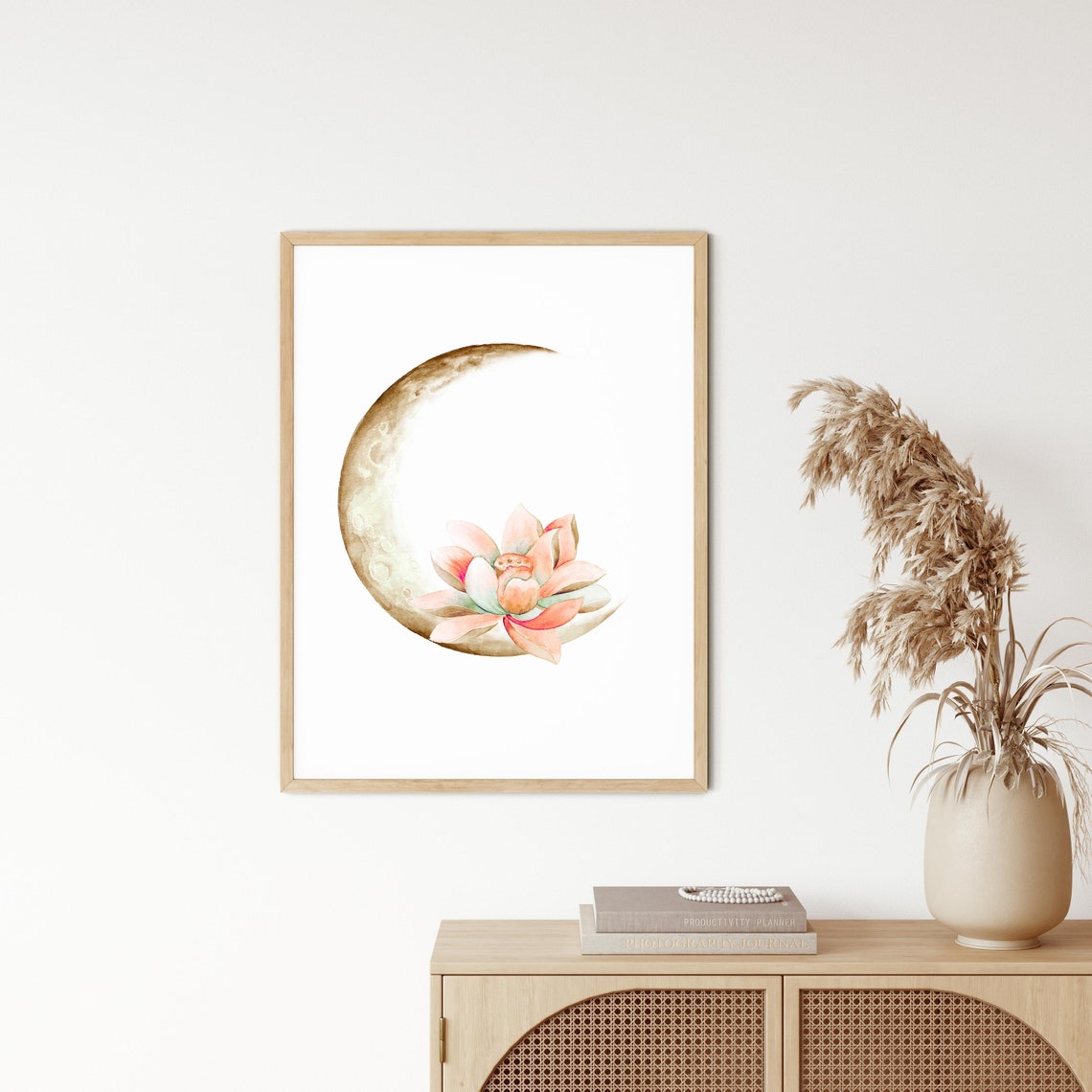 Crescent Moon and Pink Lotus Watercolor Celestial Botanical Poster - Image 2