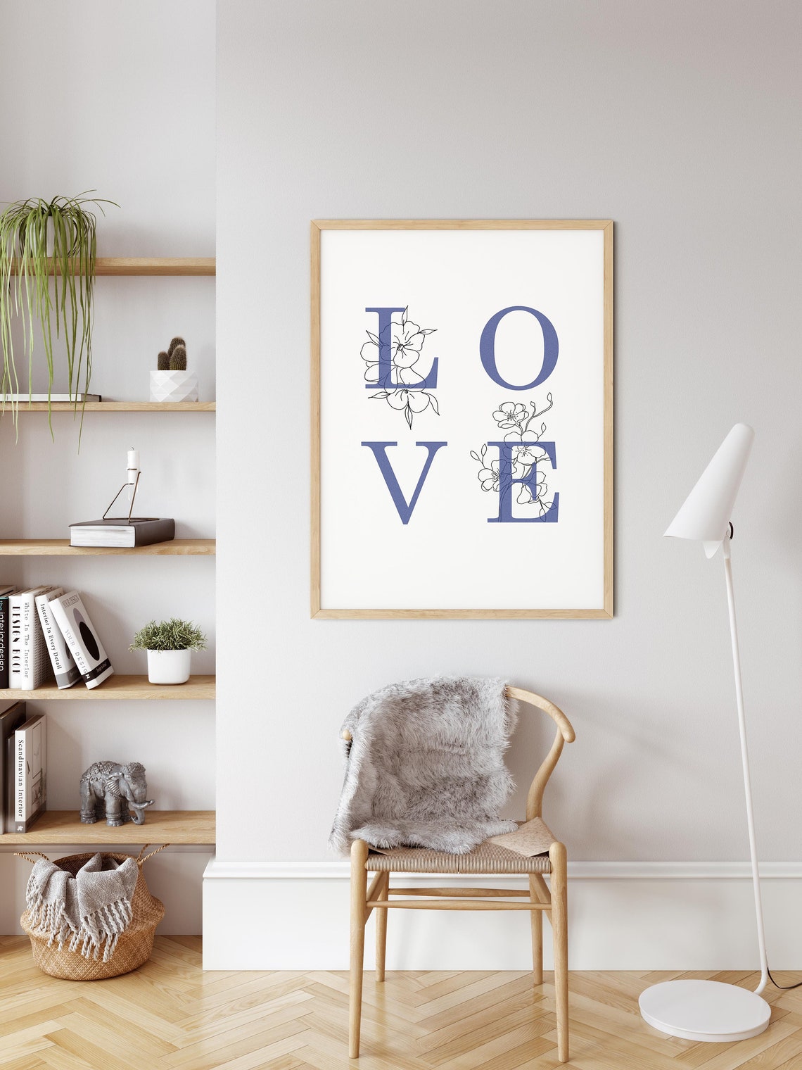 Love Word Floral Botanical Typography Minimalist Blue Art Poster - Image 3