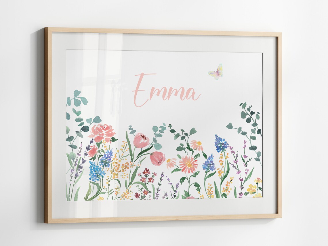 Girl Name Print With Wildflowers Nursery Art Print