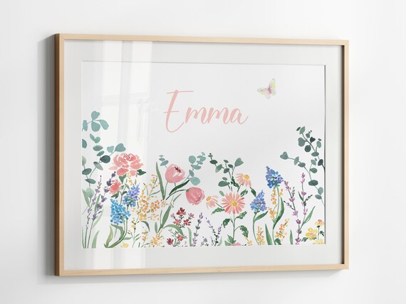 Girl Name Print With Wildflowers Nursery Art Print