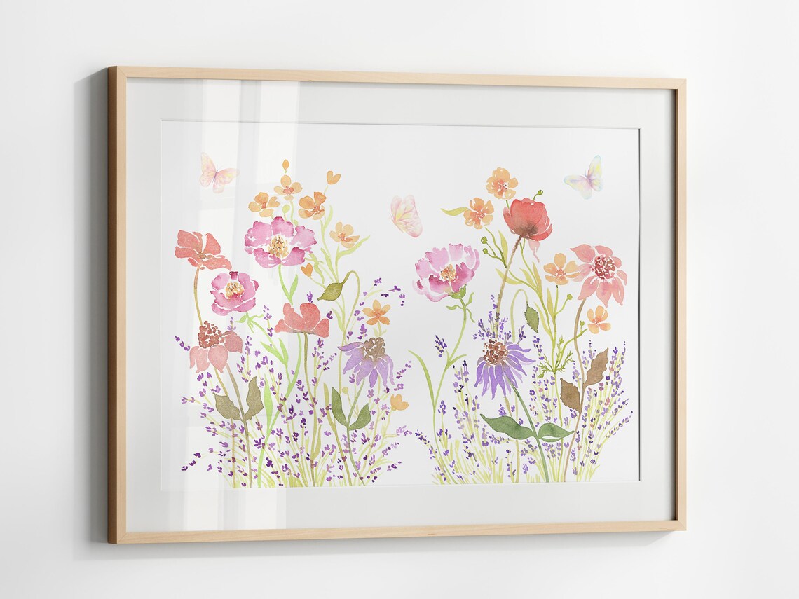 Butterflies and Wildflowers Watercolor Poster in Horizontal Format