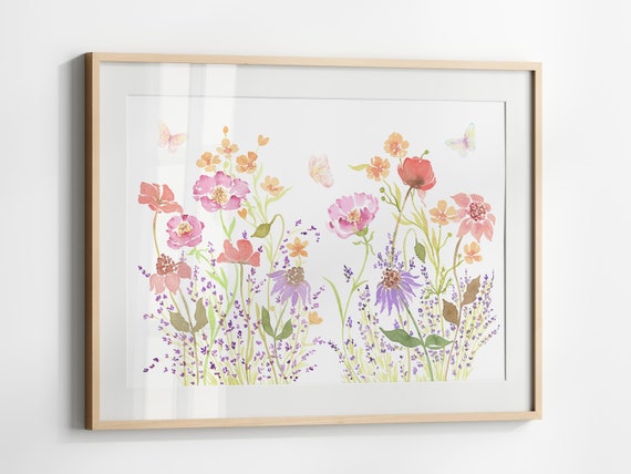 Butterflies And Wildflowers Watercolor Print Horizontal Floral Poster Bright Flower Artwork