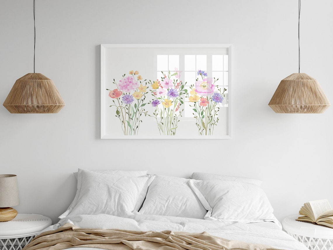 Wildflower Watercolor Wall Art Horizontal Colorful Floral Print For Living Room Bright Flower Painting For Girls Room Art - Image 3