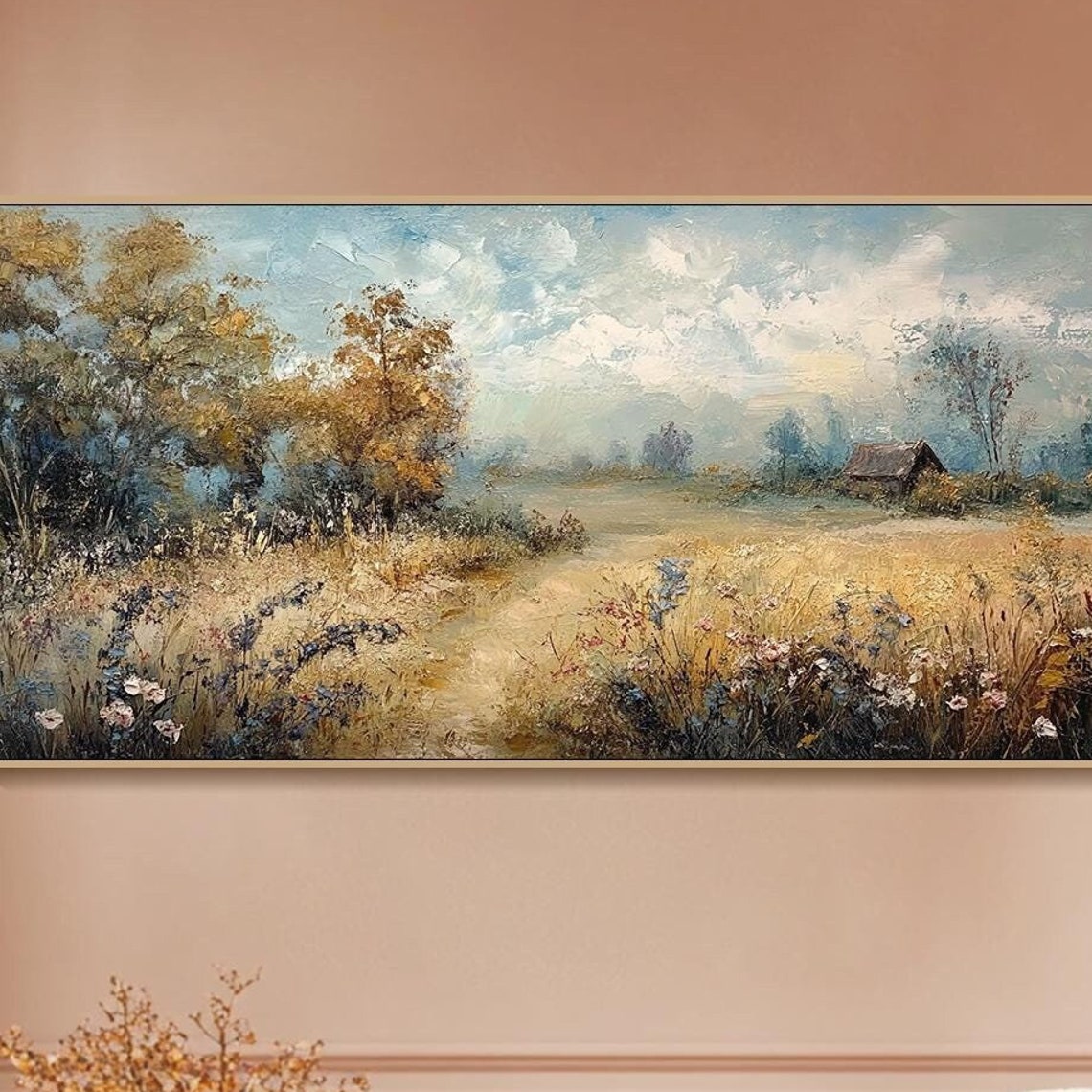 Wildflower Meadow Dirt Path Rustic Barn Impressionist Oil Painting
