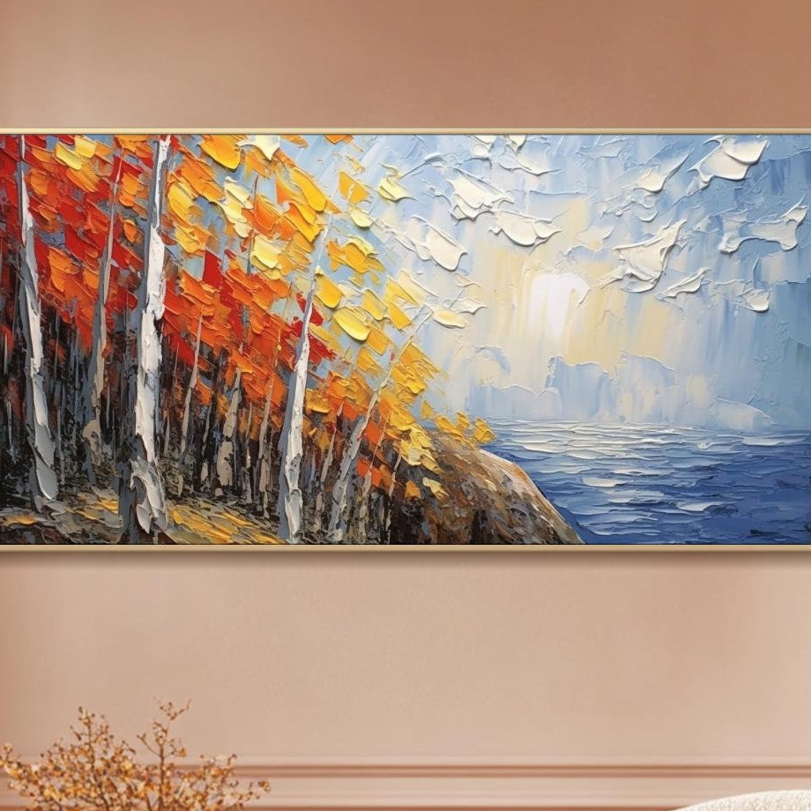 Palette Knife Autumn Birch Forest Meeting Blue Sea Coastal Print