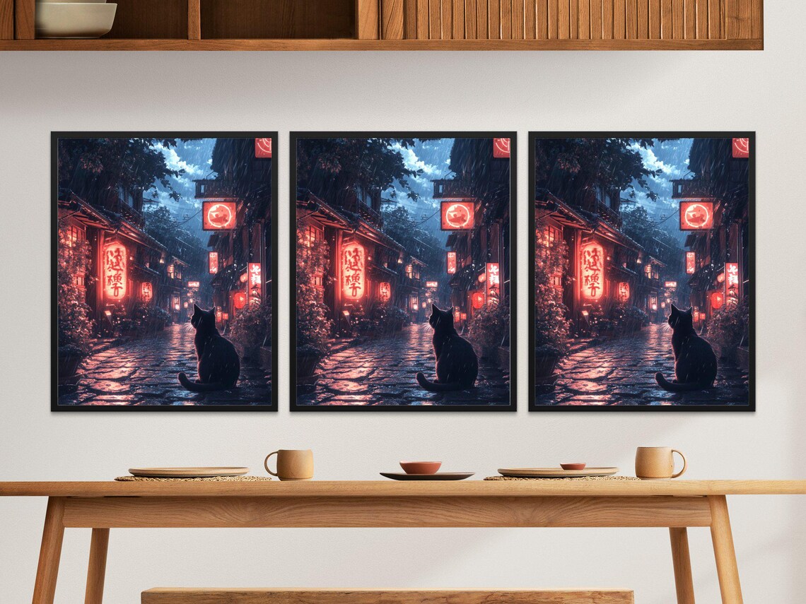 Black Cat In Rainy Tokyo Alley Neon Lights Night Scene Poster - Image 2