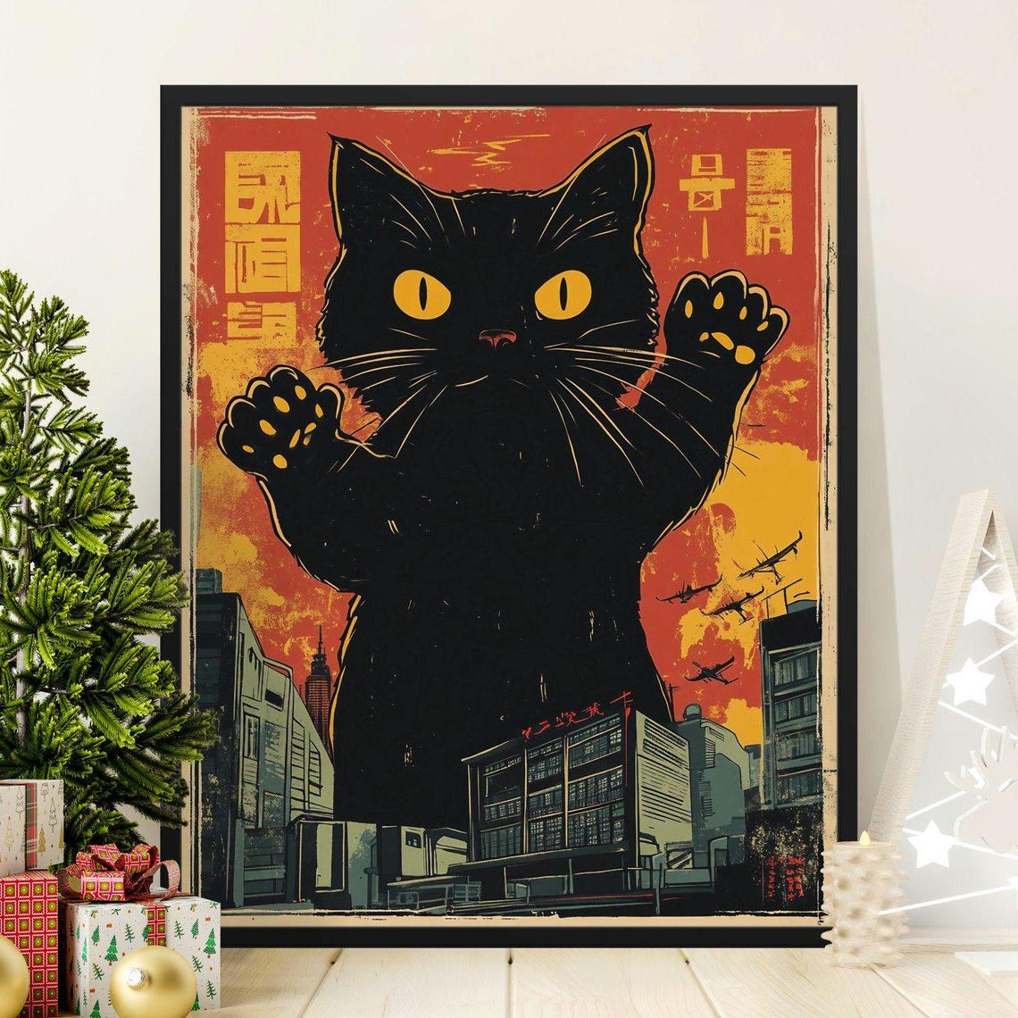 Giant Black Cat Monster Attacking City Japanese Kaiju Poster