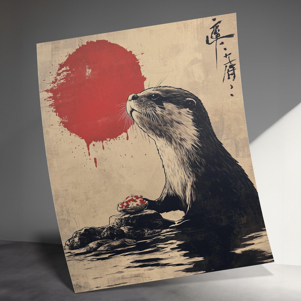 Vintage Otter Red Sun Japanese Ink Wildlife Illustration Nature Art Poster - Image 3