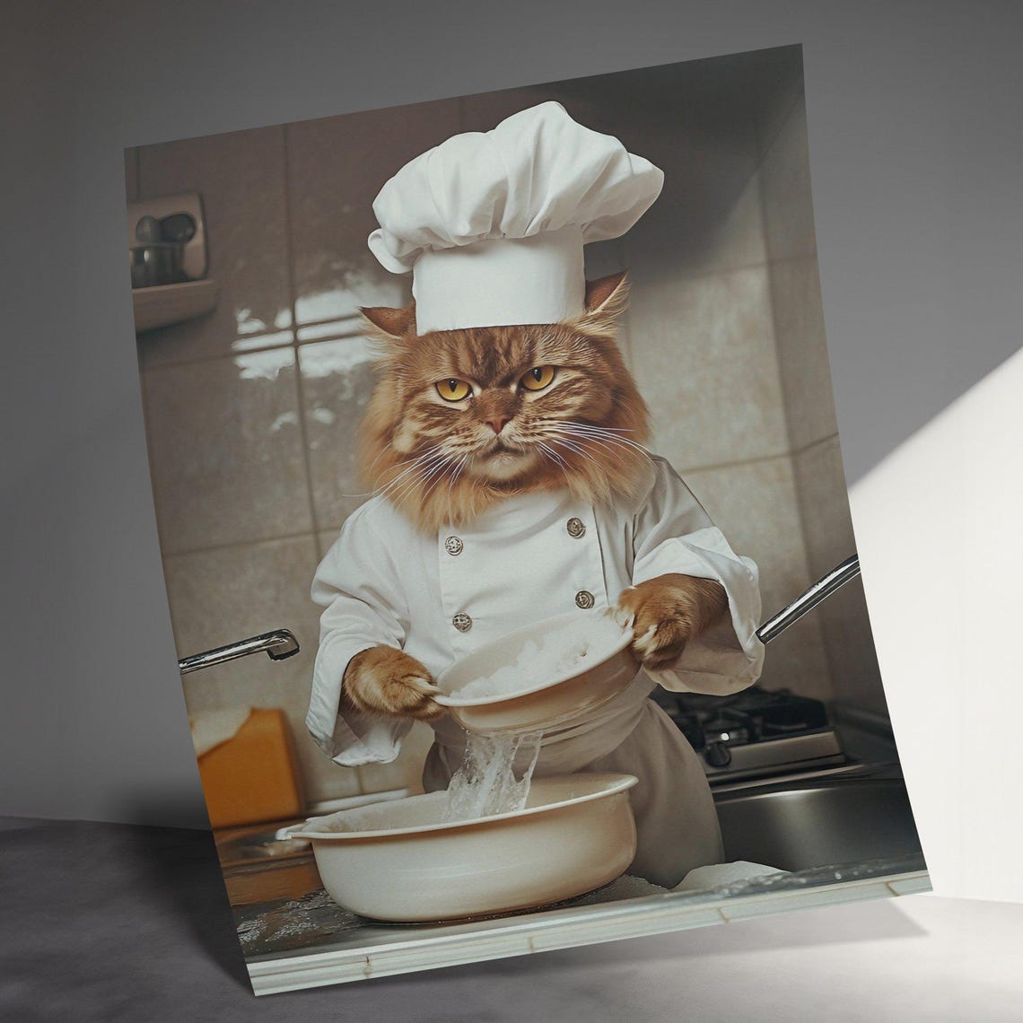 Grumpy Orange Chef Cat Draining Pasta In Kitchen Funny Cooking Poster - Image 3
