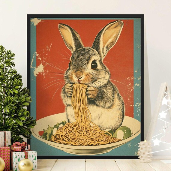 Cute Bunny Rabbit Eating Noodles Vintage Retro Kitchen Wall Art Poster