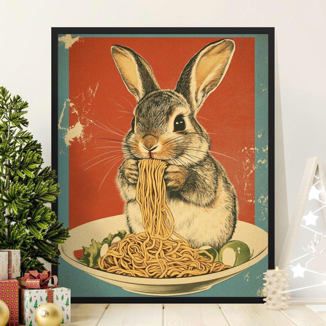 Cute Bunny Rabbit Eating Noodles Vintage Retro Kitchen Wall Art Poster