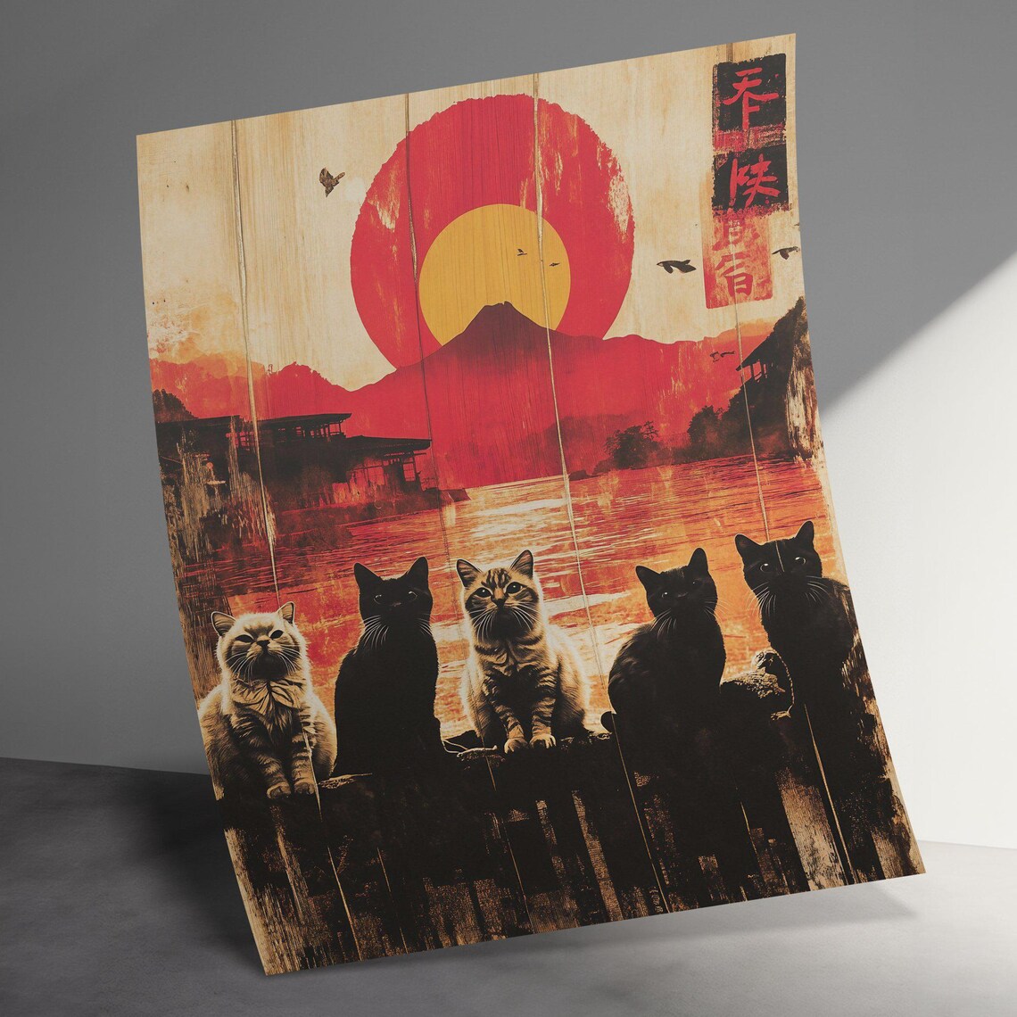 Five Cats Sunset Silhouette Red Sun Japanese Woodblock Style Art Poster - Image 3