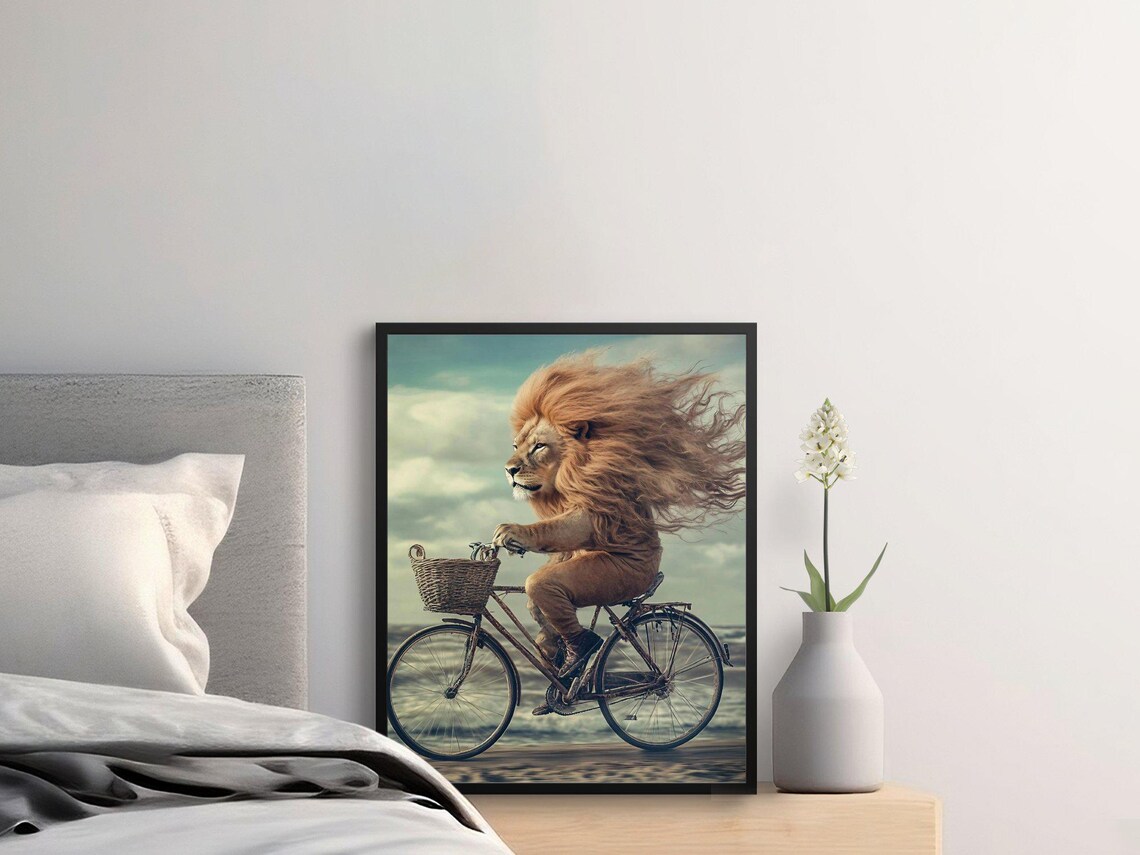 Majestic Lion Riding Bicycle By The Sea Dreamy Surreal Wildlife Poster - Image 2