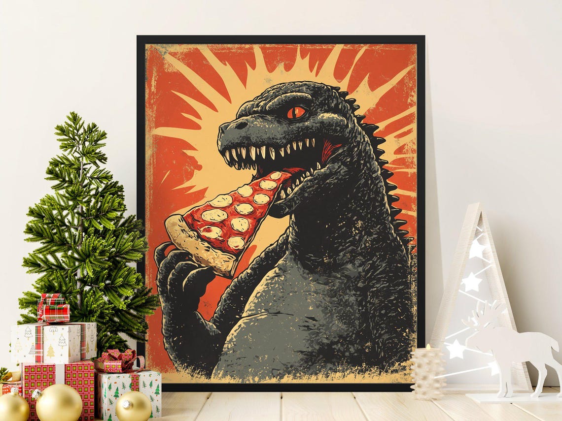 Godzilla Eating Pepperoni Pizza Slice Vintage Monster Movie Poster