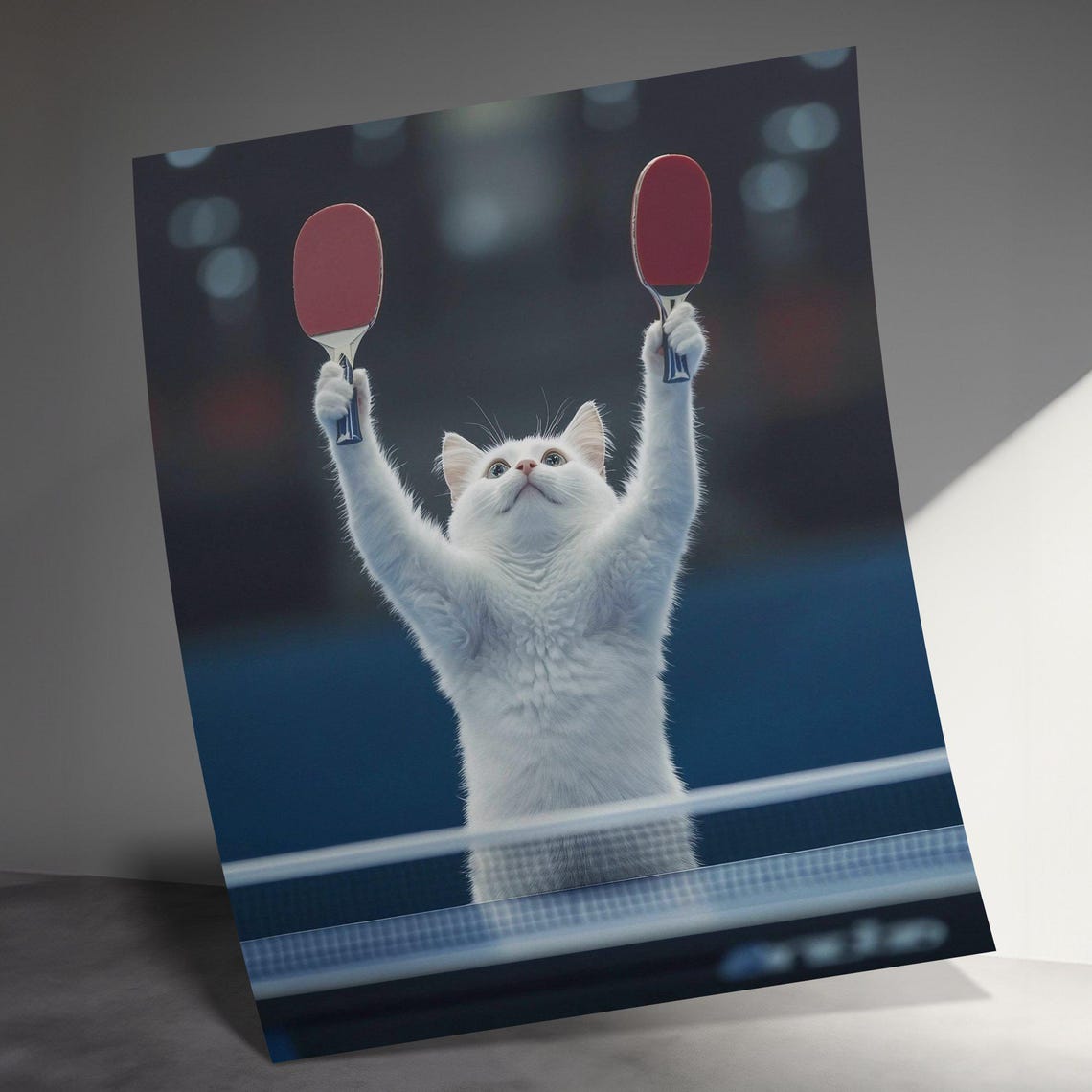 White Cat Holding Two Ping Pong Paddles At Table Tennis Art Poster - Image 3
