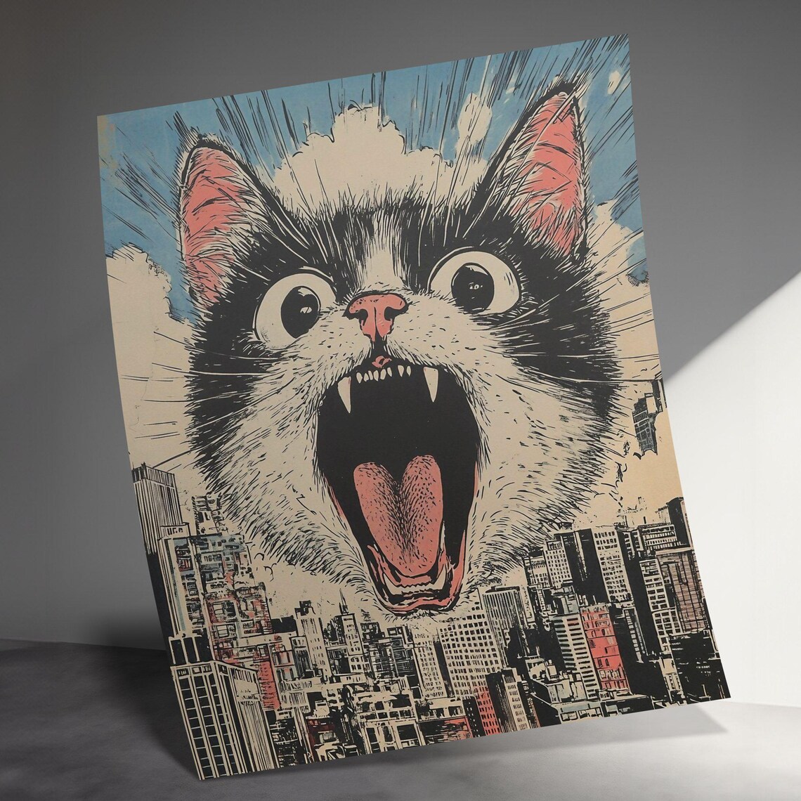 Giant Roaring Cat Over City Skyline Japanese Ink Style Poster - Image 3