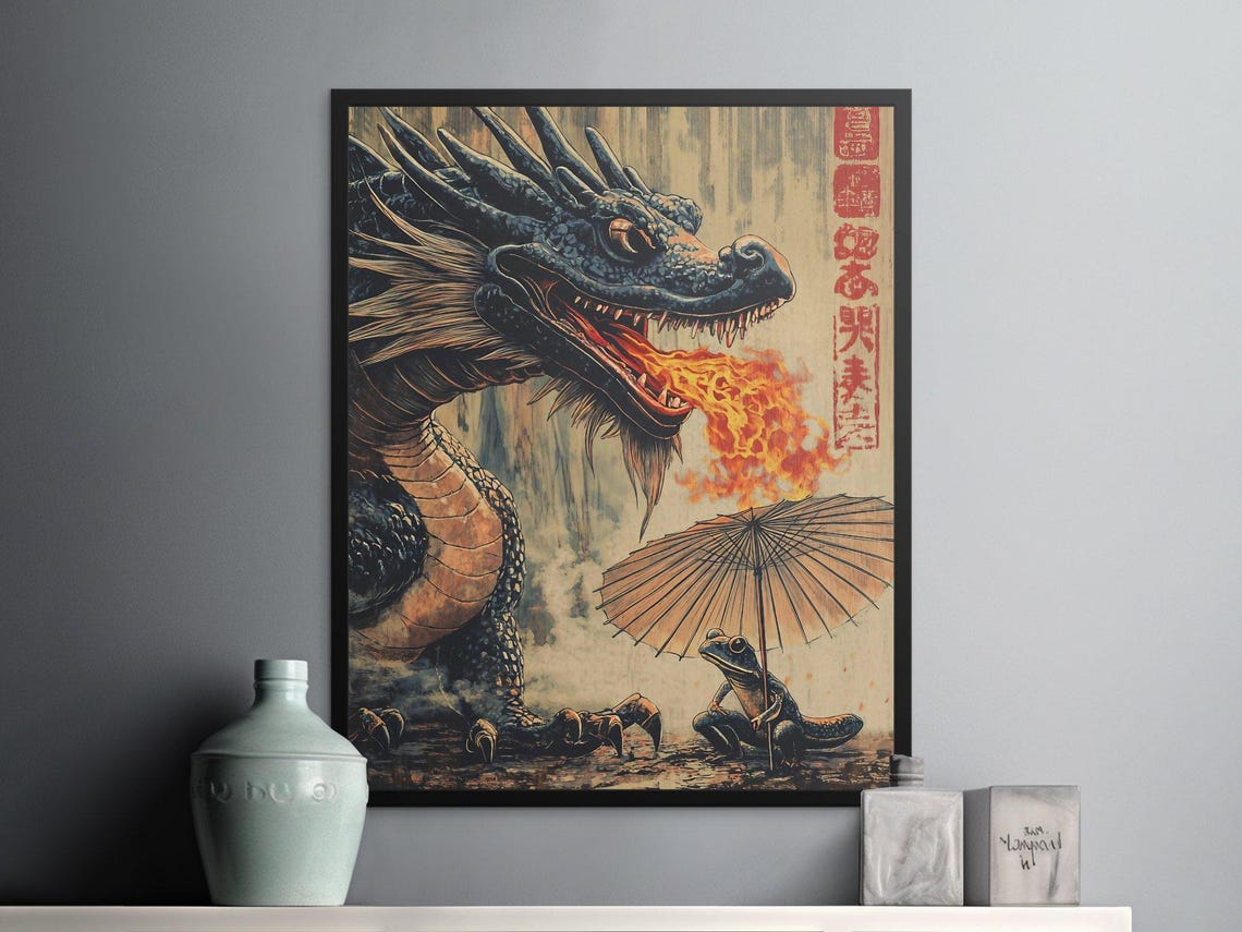 Giant Fire Breathing Dragon Tiny Frog Umbrella Japanese Fantasy Poster - Image 2