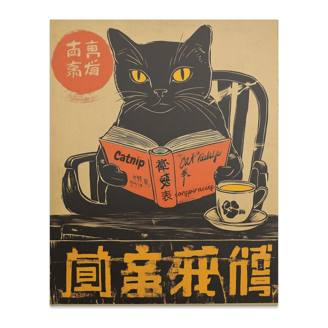 Black Cat Reading Catnip Conspiracies Book With Tea Funny Poster - Image 2