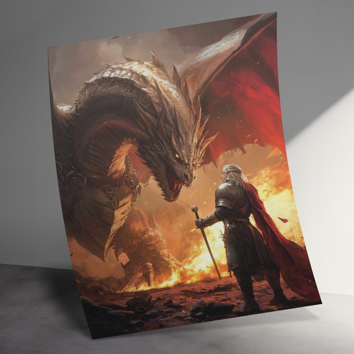 Armored Knight Facing Colossal Dragon Flames Epic Fantasy Battle Poster - Image 2