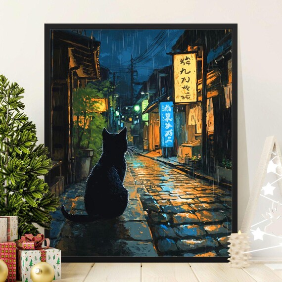 Black Cat In Rainy Tokyo Alley Night Lanterns Wet Street Art Poster