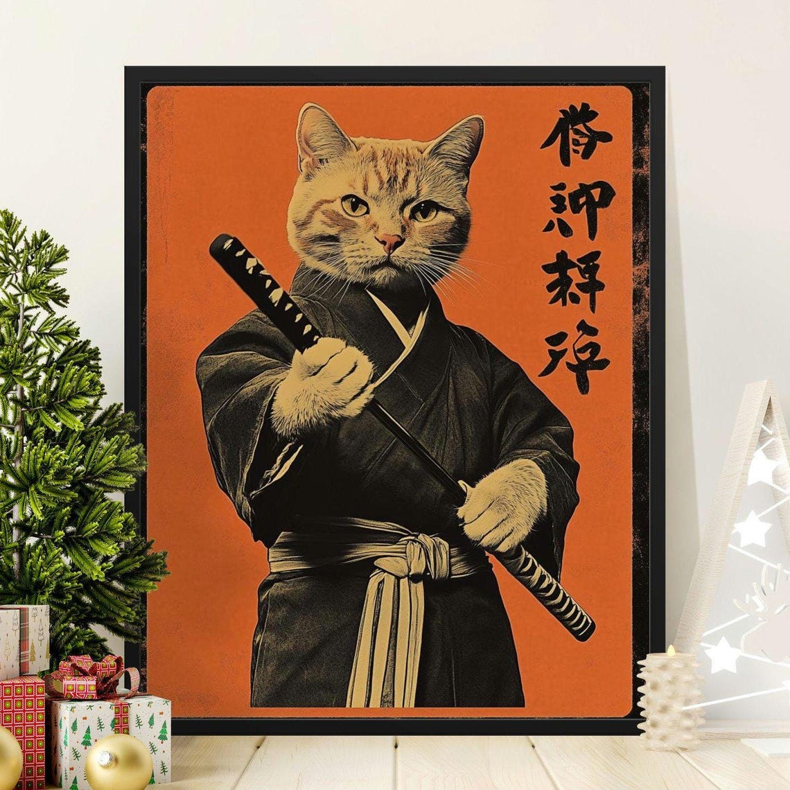Samurai Cat Warrior Kimono Katana Vintage Japanese Orange Art Poster