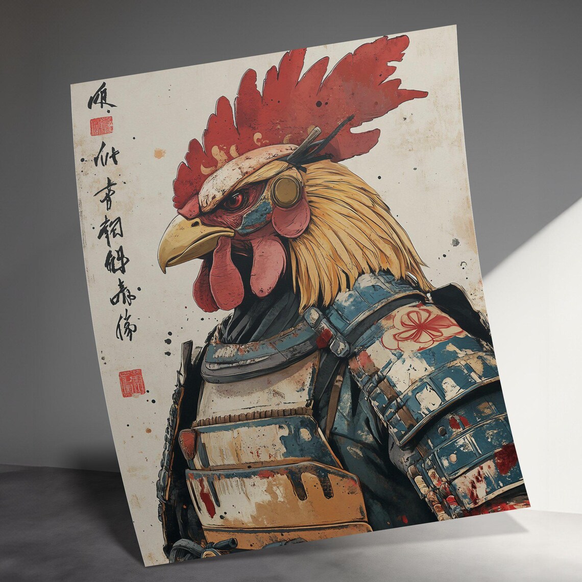 Samurai Rooster Portrait Armor Detail Japanese Calligraphy Art Poster - Image 3