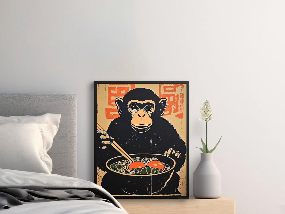Monkey Eating Ramen Bowl Japanese Style Cute Kitchen Wall Art Poster - Image 2