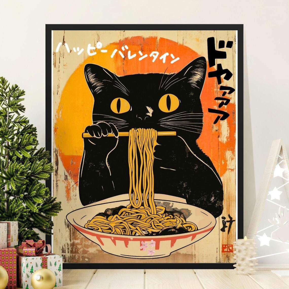 Retro Black Cat Eating Ramen Noodles Vintage Japanese Foodie Art Poster