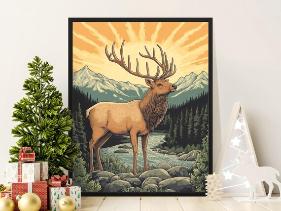 Majestic Elk Standing Rocky Stream Mountain Sunrise Retro Wildlife Poster