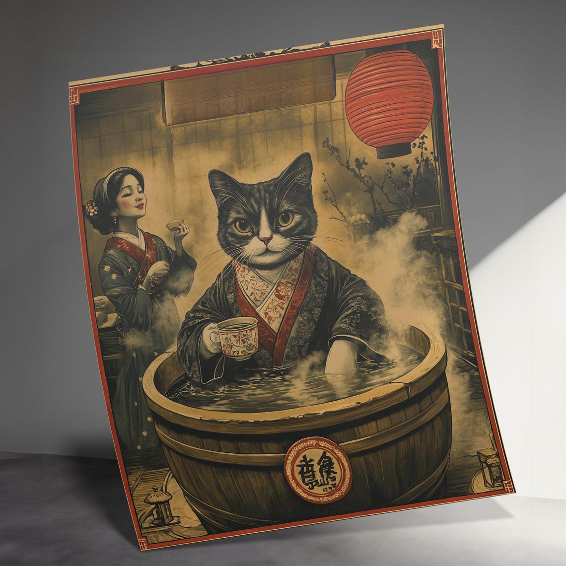Cat In Kimono Onsen Bath With Geisha Retro Japanese Bathhouse Poster - Image 3