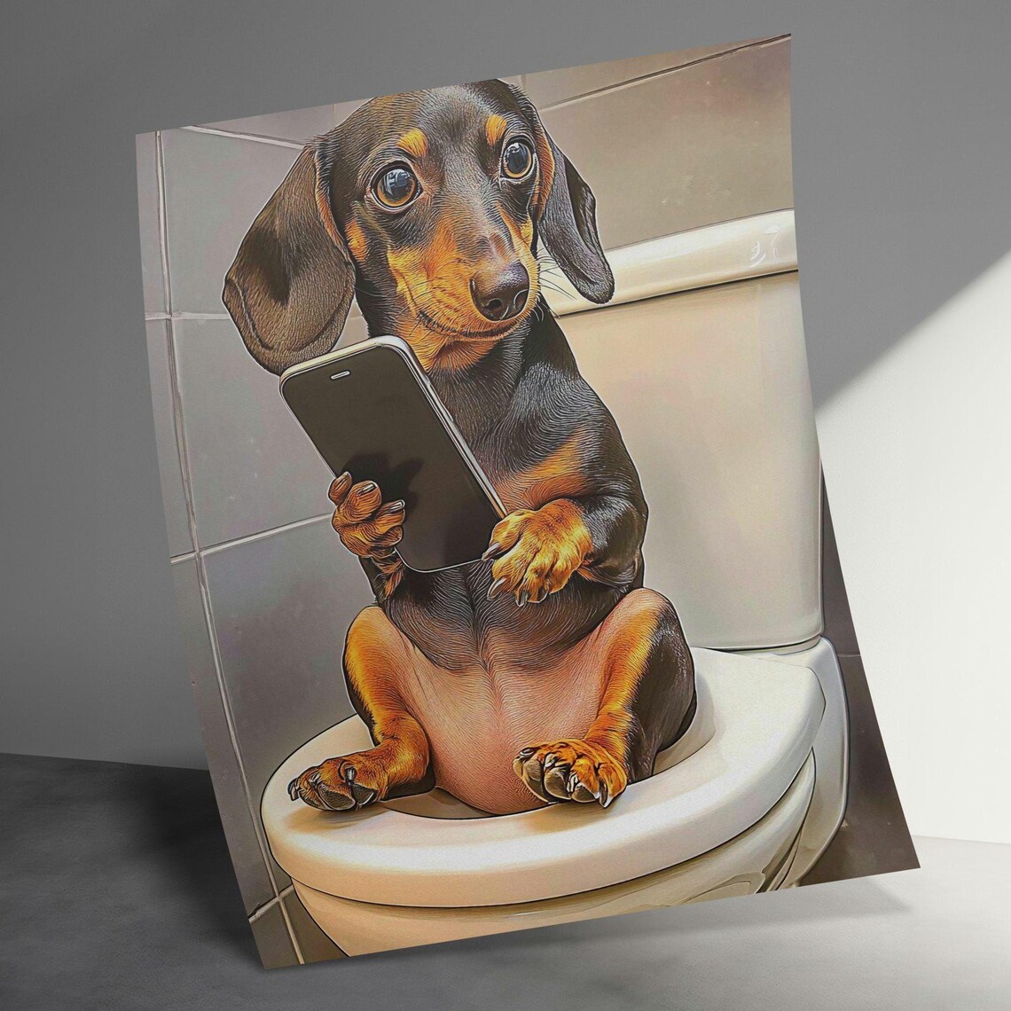 Dachshund On Toilet Holding Phone Funny Bathroom Dog Poster Art