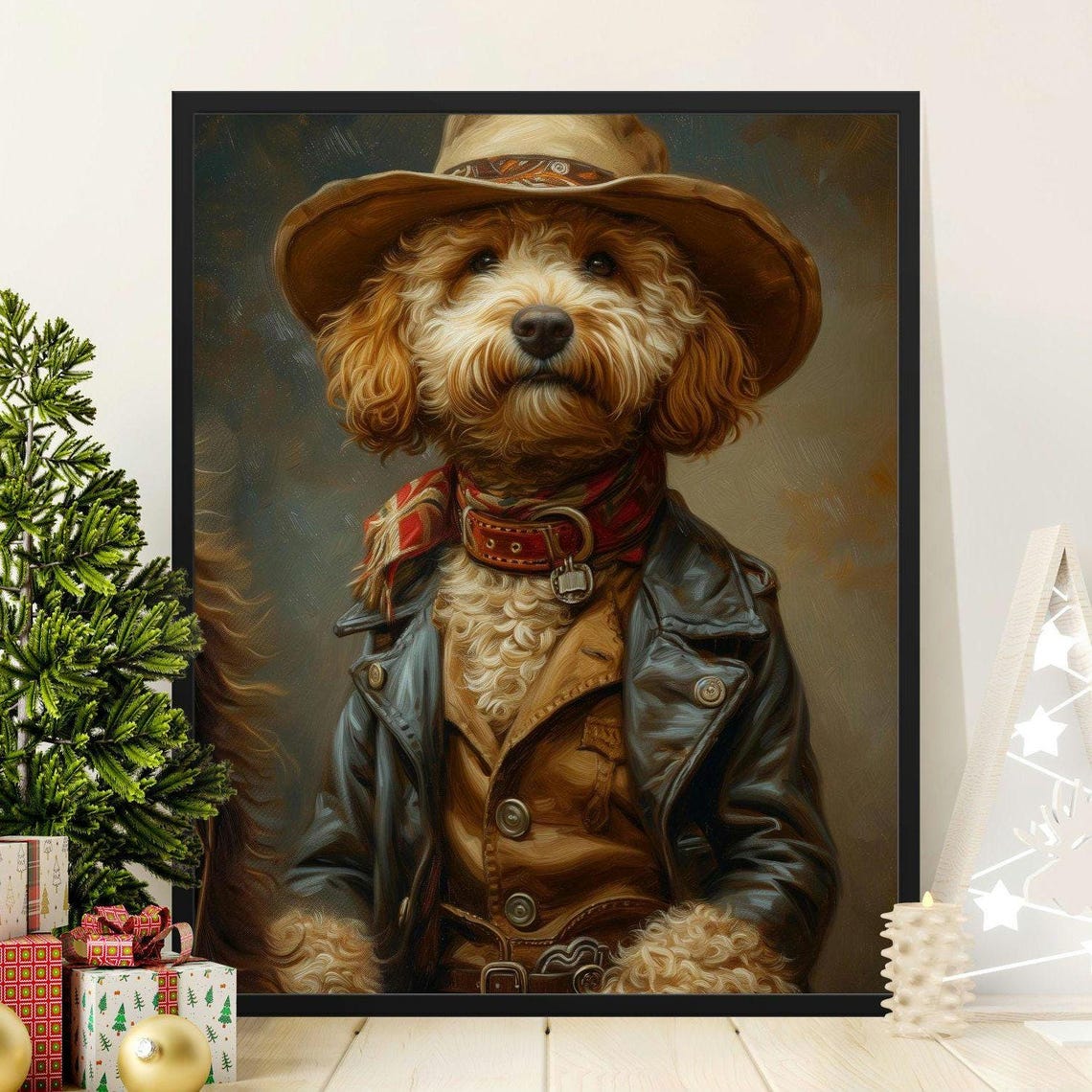 Vintage Golden Doodle Dog Cowboy Poster Retro Art Dog In Cowboy Outfit Western Themed Wall Art Rustic Animal Decor Dog Portrait Prints