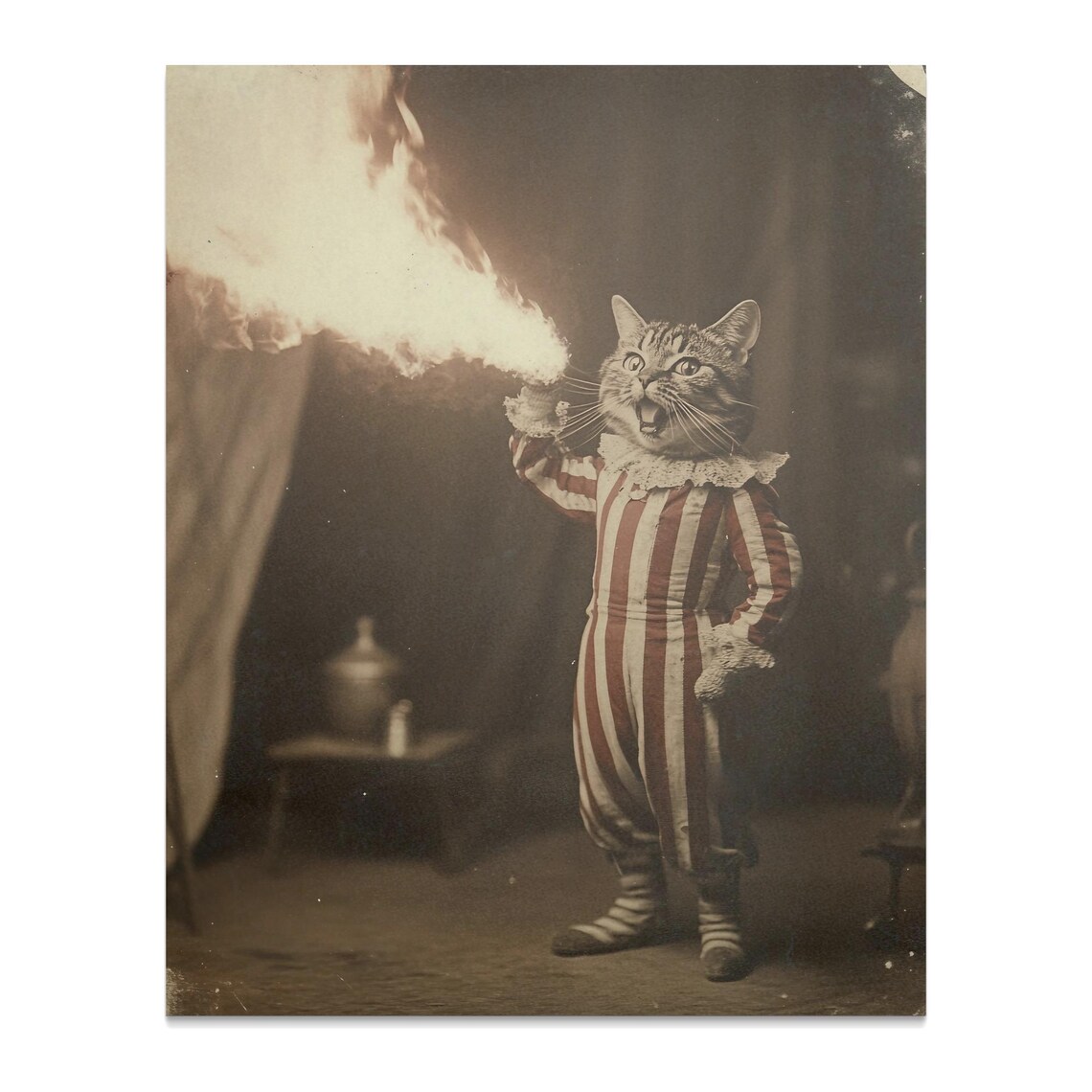 Fire Breathing Circus Cat Sepia Vintage Clown Costume Performer Wall Art - Image 2