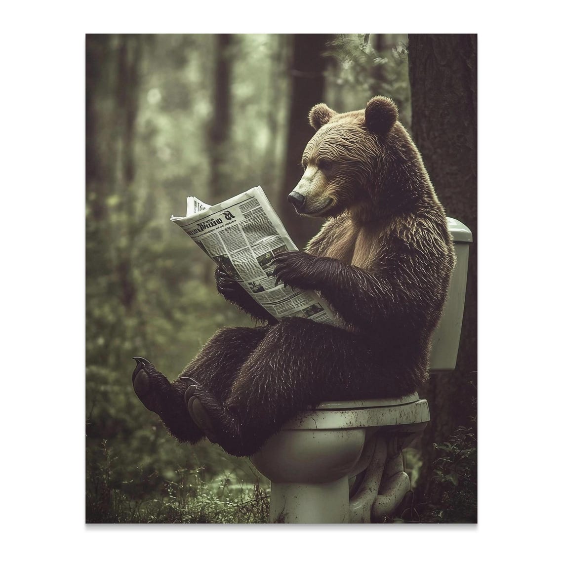 Bear Reading Newspaper On Toilet In Forest Funny Bathroom Poster - Image 2