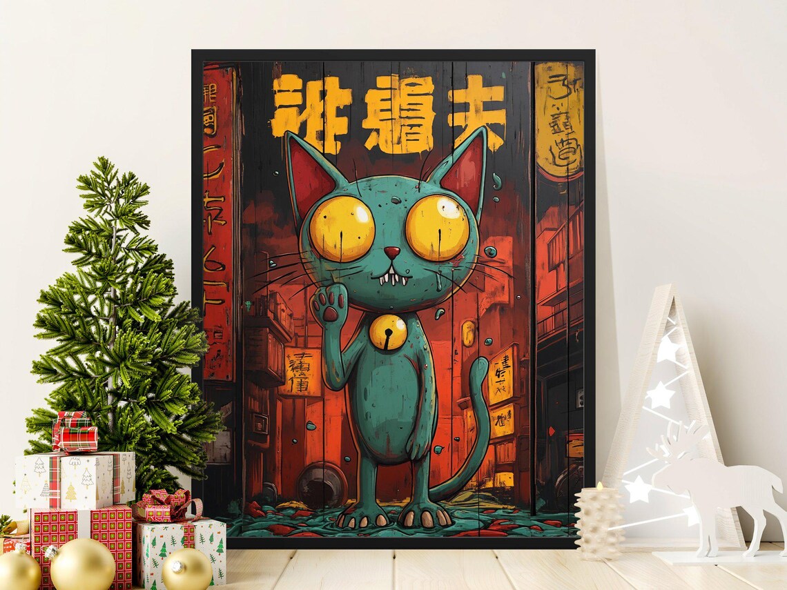 Standing Zombie Cat In Tokyo Street Creepy Japanese Cat Poster