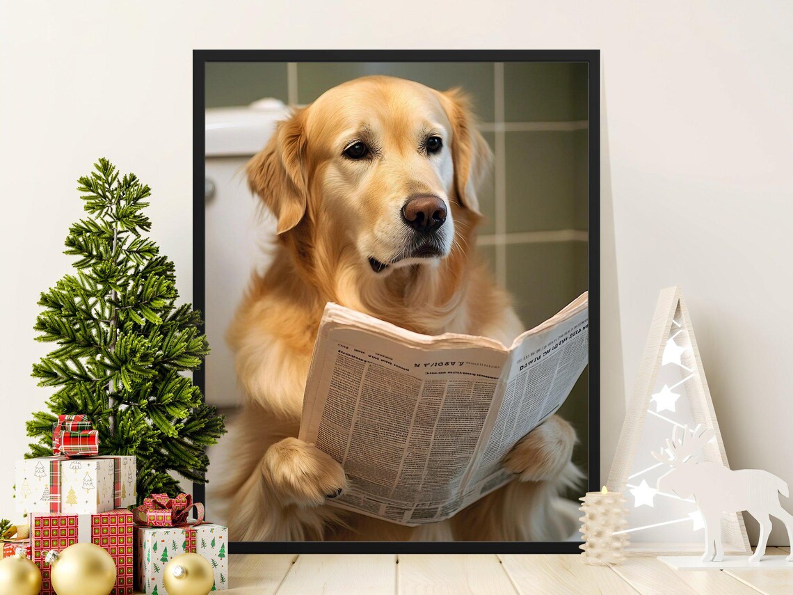 Adorable Golden Retriever Reading Newspaper On Toilet Poster Cute Dog Bathroom Art Print Funny Dog Poster For Pet Lovers Decor Dog Decor
