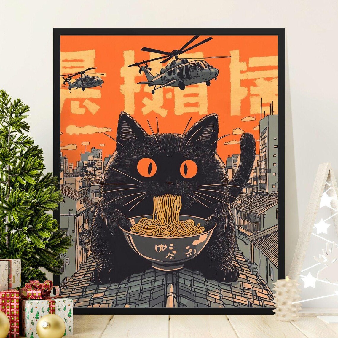 Giant Black Cat Slurping Noodles City Helicopters Kaiju Poster