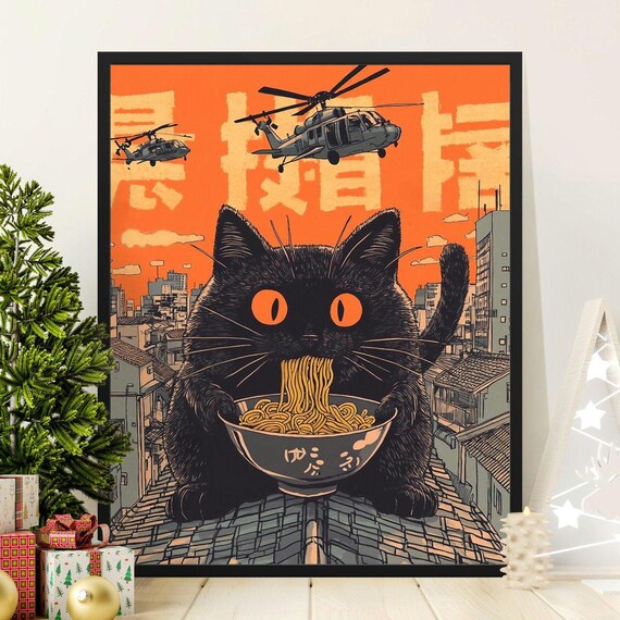 Giant Black Cat Slurping Noodles City Helicopters Kaiju Poster