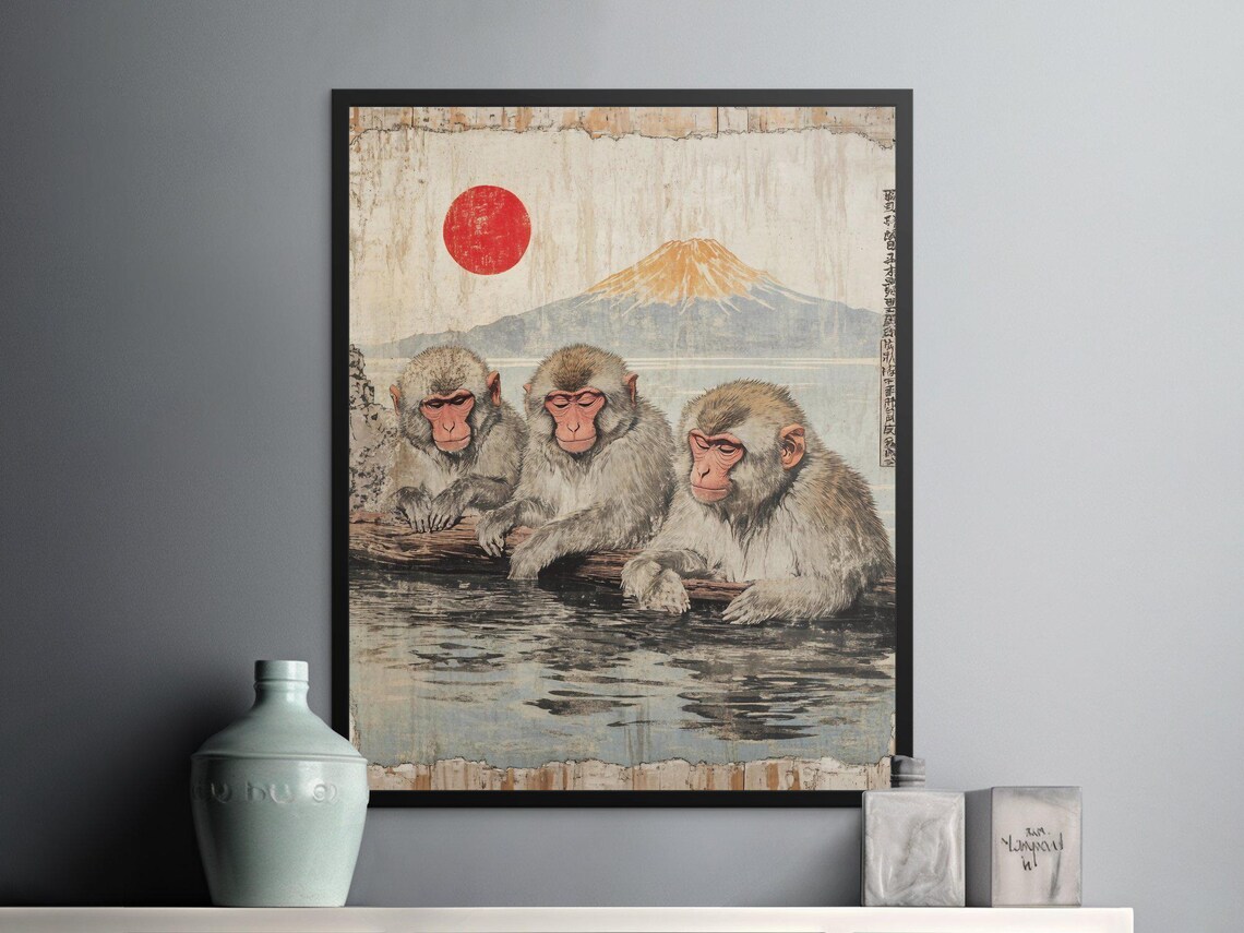 Snow Monkeys Bathing Red Sun Mount Fuji Japanese Vintage Art Poster