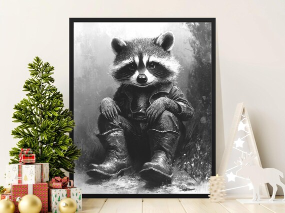 Raccoon In Cowboy Boots Black And White Vintage Monochrome Wildlife Poster