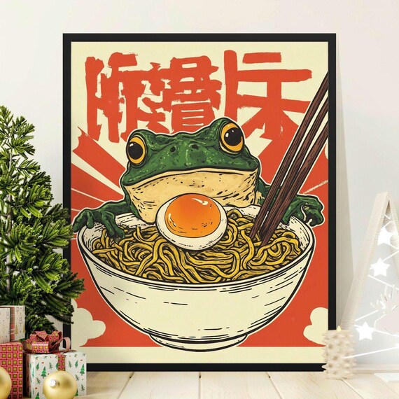 Funny Green Frog With Ramen Bowl Soft Egg Retro Japanese Food Art Poster