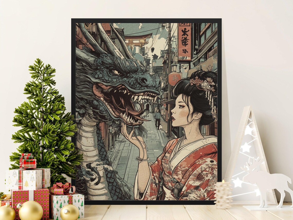 Geisha Facing Giant Dragon Japanese Street Vintage Oriental Art Poster