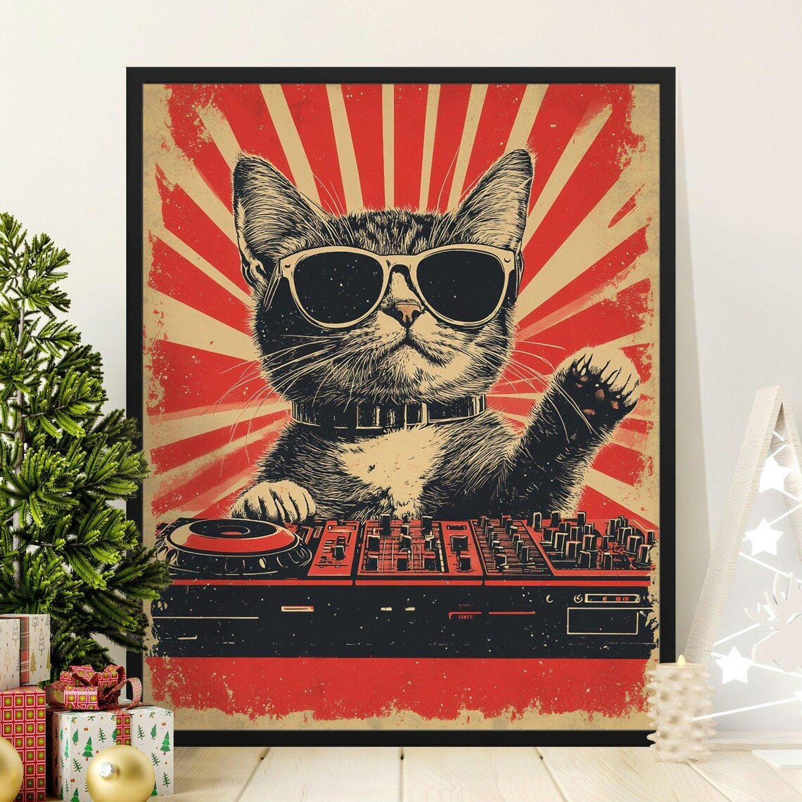 Cool Tabby Cat DJ Sunglasses Red Sunburst Retro Party Music Wall Art Poster